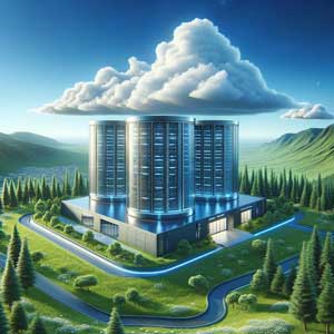 Modern data center with glass facade in lush green landscape under blue sky, representing fast and secure web hosting services.
